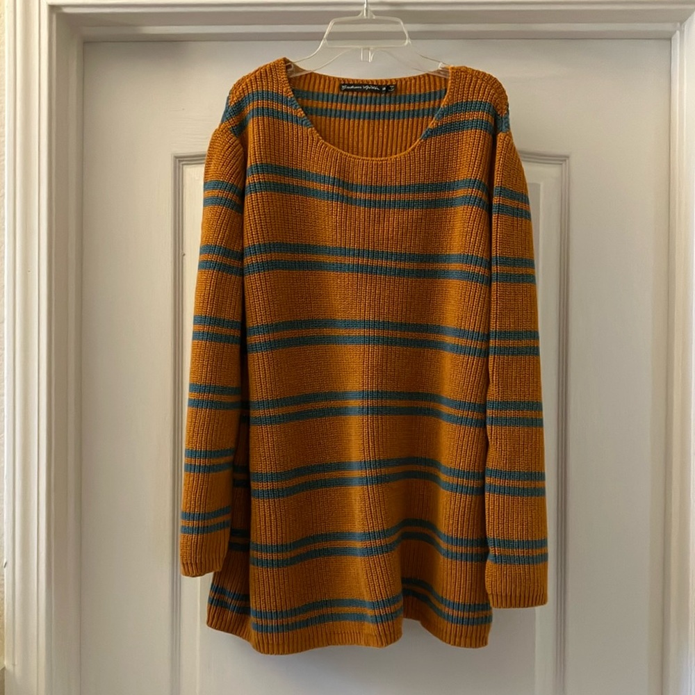 Gudrun Sjoden Sweater XXL rust orange & teal striped cozy knit